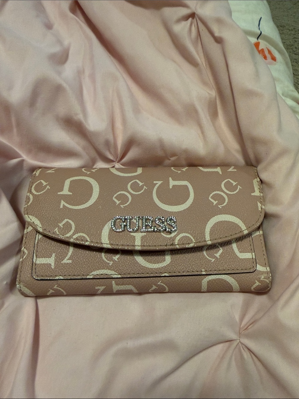 GUESS Blush Pink Monogram Flap Wallet with Rhinestone Logo